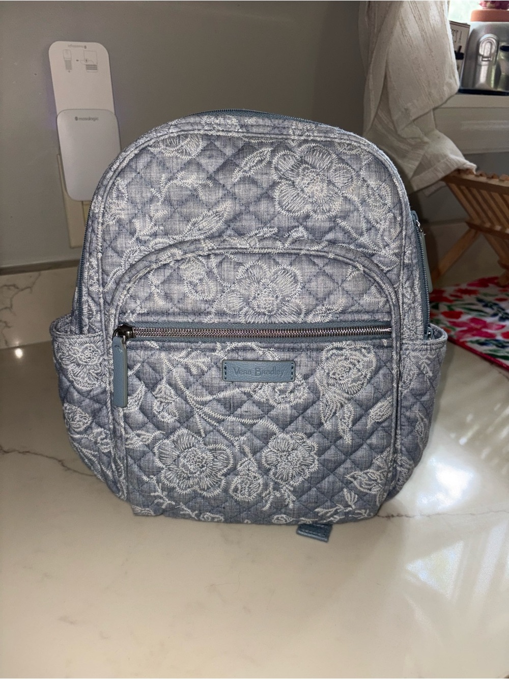 Vera Bradley Quilted Floral Mini Backpack in Light Blue and White